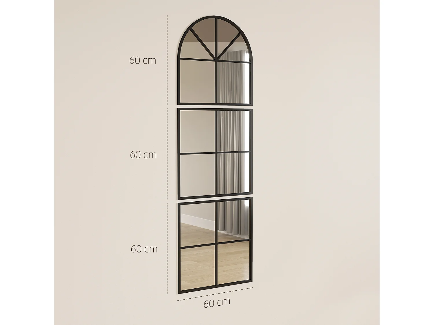 Miroir atelier - miroir triptyque métal 60x180 cm - miroir mural style verrière ensemble de 3 pièces - noir