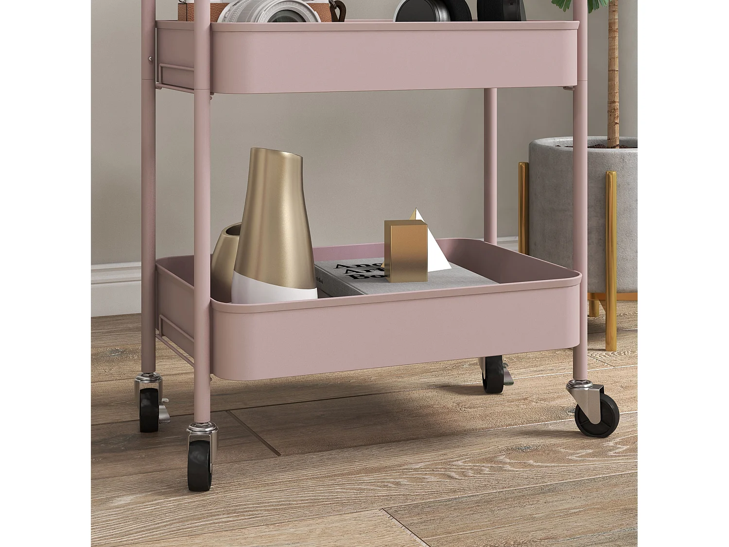 Desserte de cuisine style néo-rétro - 3 étagères - acier vieux rose