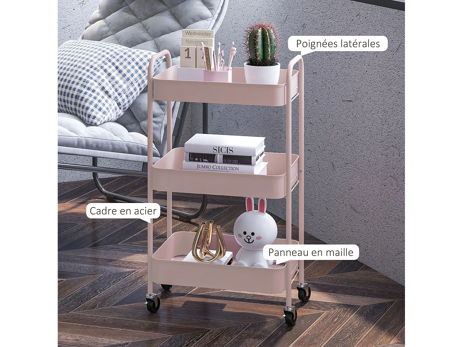 Desserte de cuisine style néo-rétro - 3 étagères - acier vieux rose