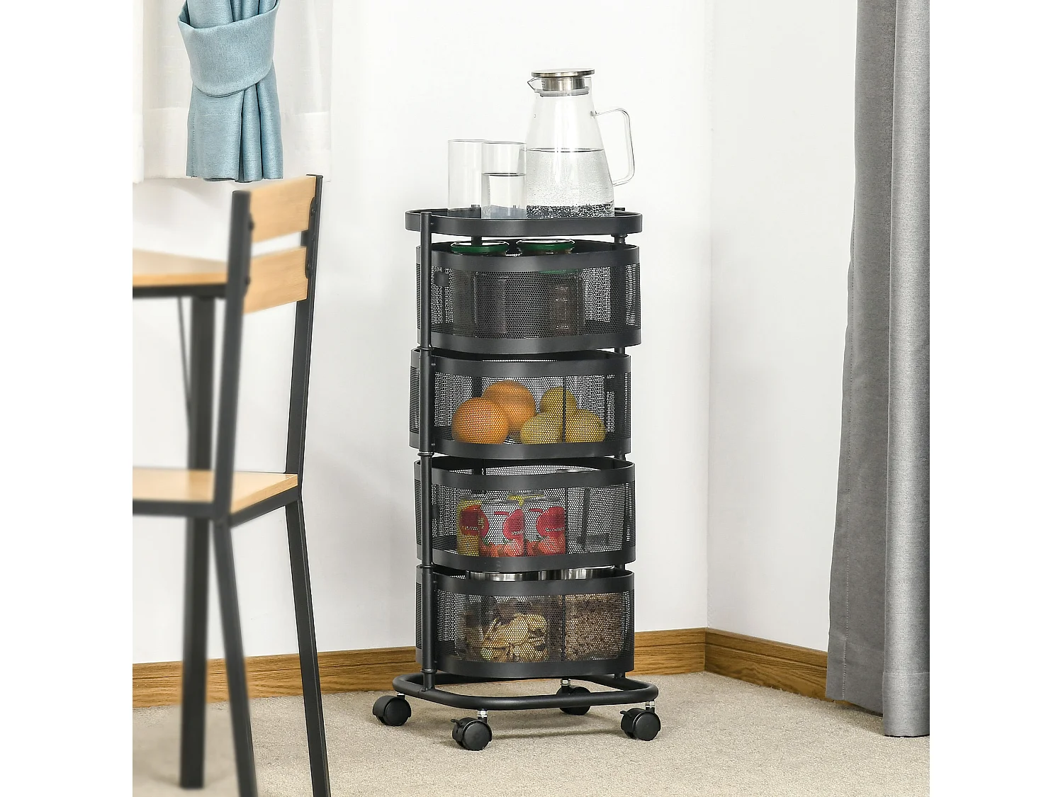 Resserre de cuisine 4 paniers rotatifs sur roues en métal H.77cm noir