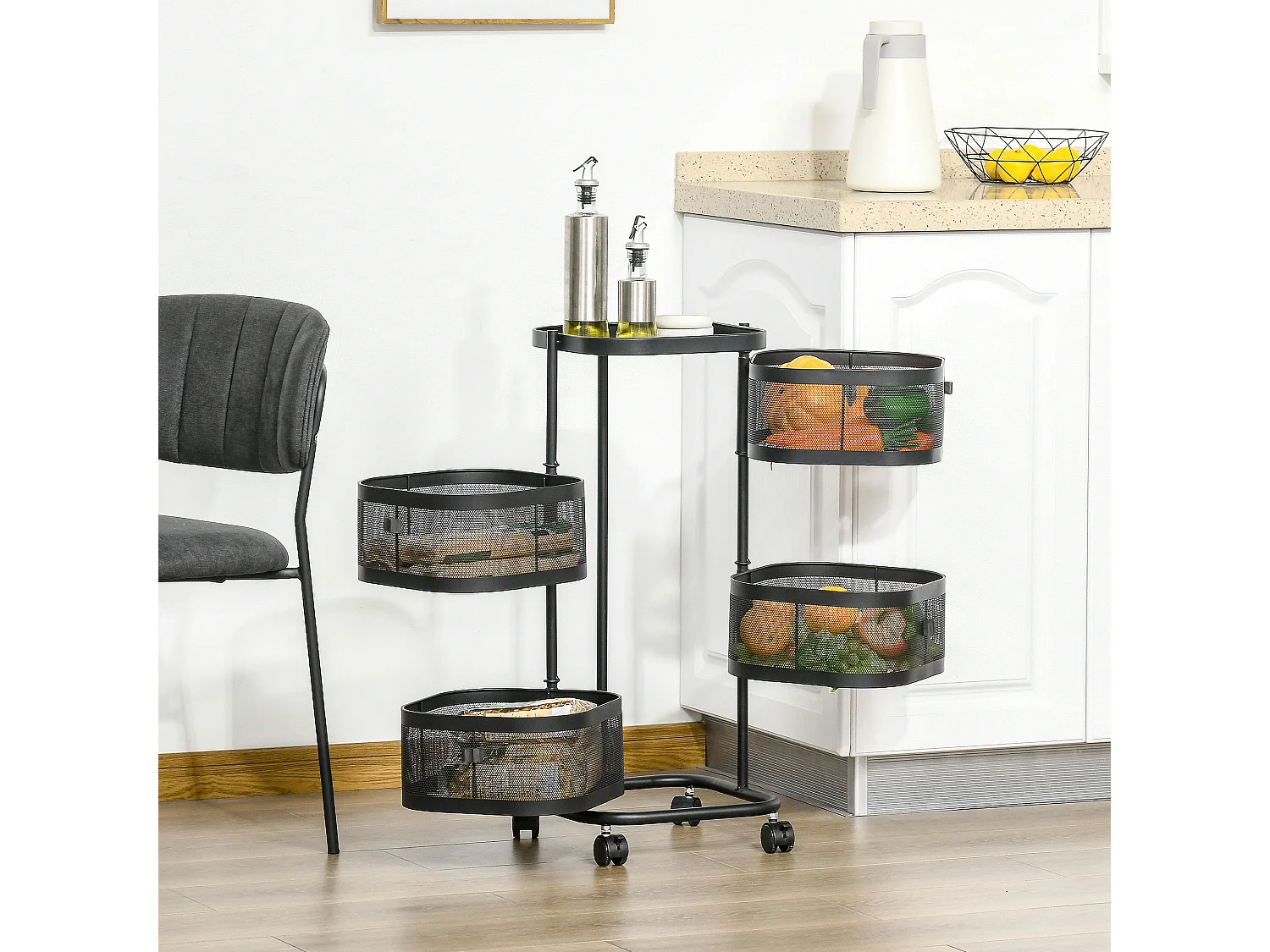 Resserre de cuisine 4 paniers rotatifs sur roues en métal H.77cm noir