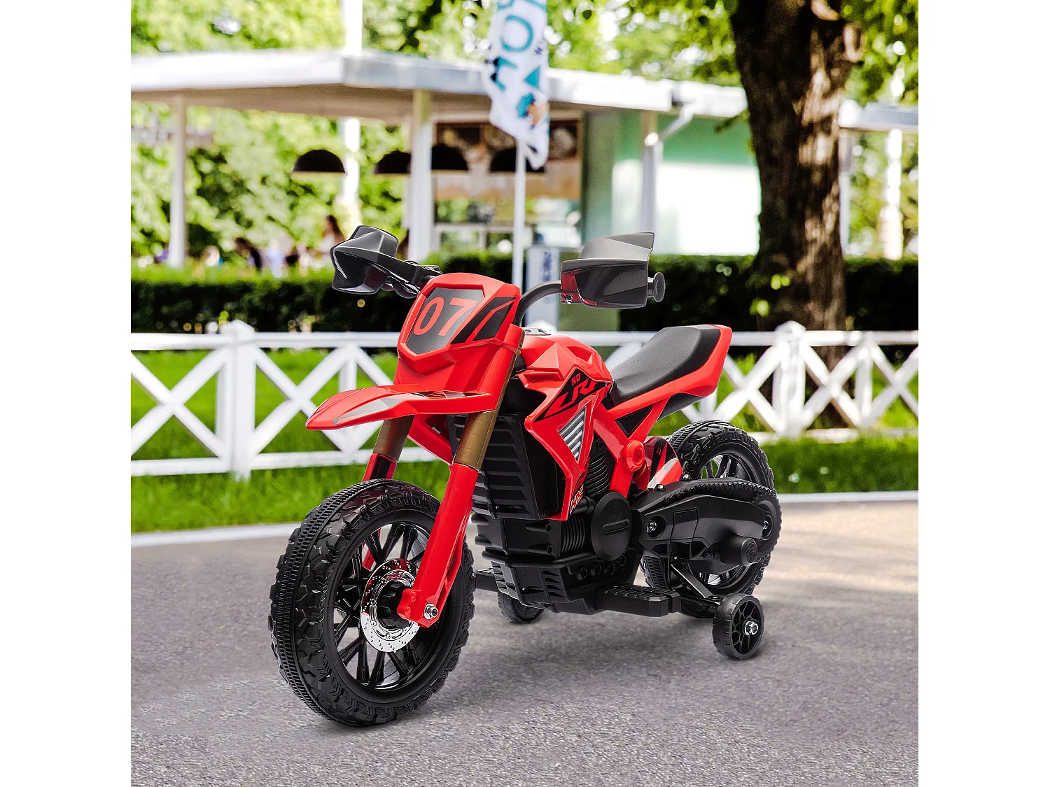Moto Cross électrique enfant 6 V 2 moteurs effets sonores max. 3 Km/h 30 Kg avec stabilisateurs rouge
