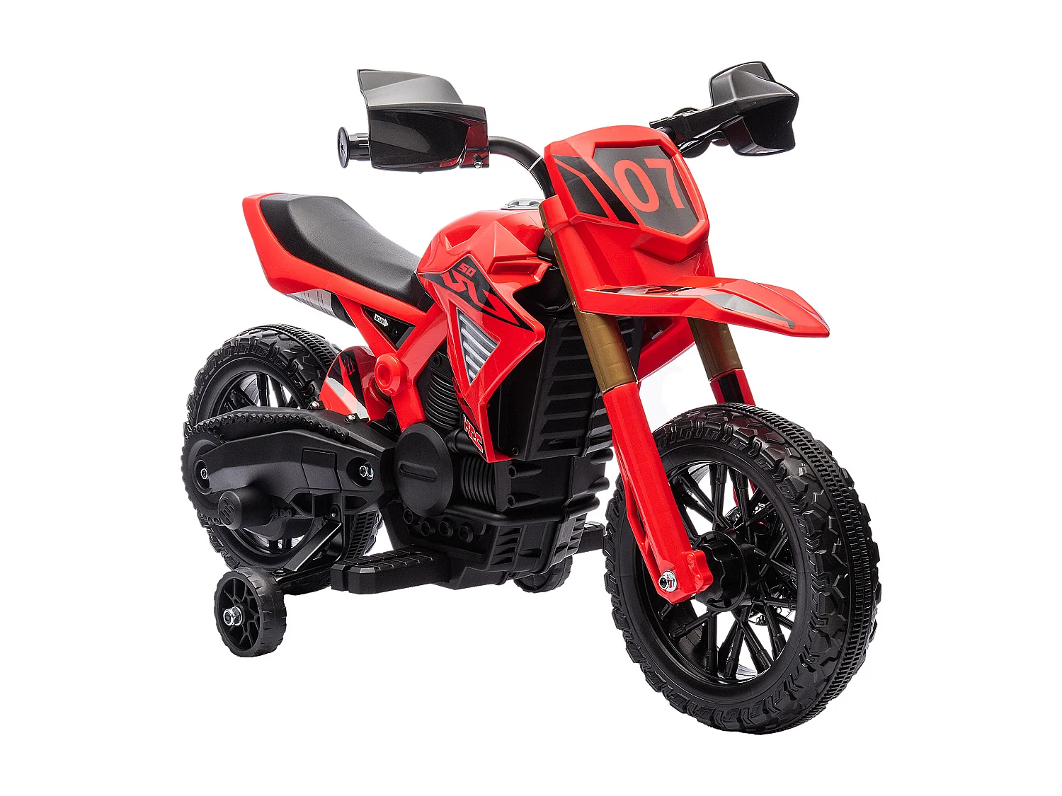 Moto Cross électrique enfant 6 V 2 moteurs effets sonores max. 3 Km/h 30 Kg avec stabilisateurs rouge