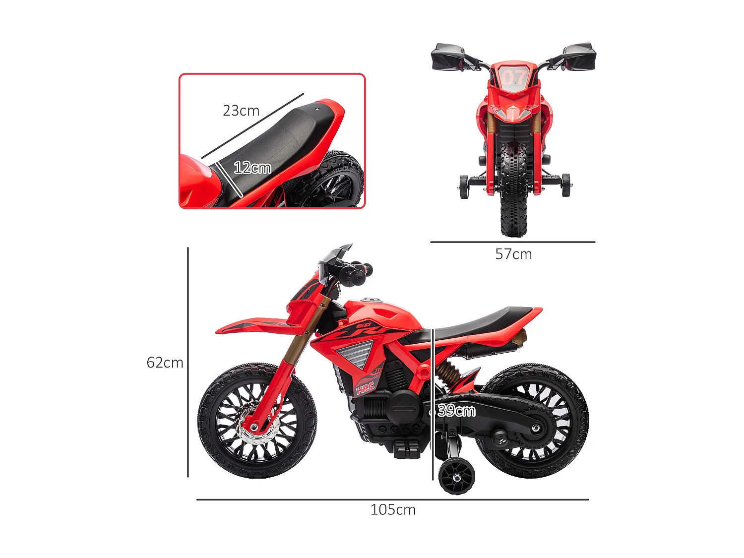 Moto Cross électrique enfant 6 V 2 moteurs effets sonores max. 3 Km/h 30 Kg avec stabilisateurs rouge