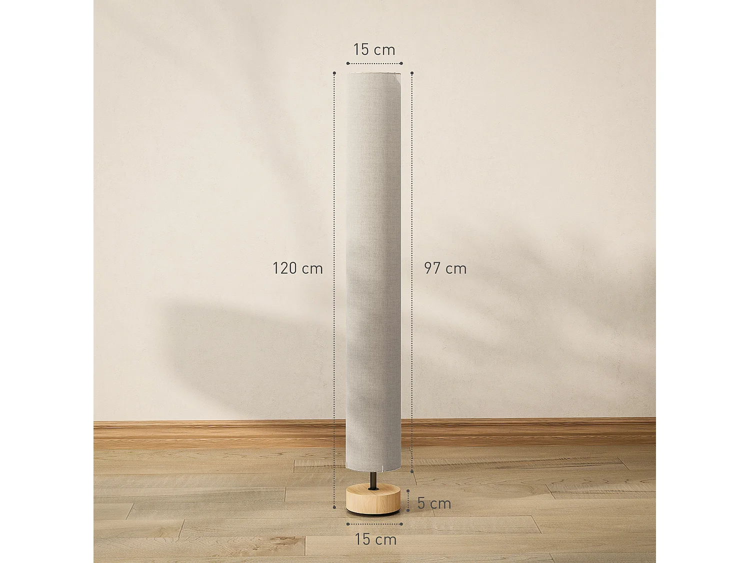 Lampadaire colonne sur pied bois contemporain H.120 cm abat-jour lin beige