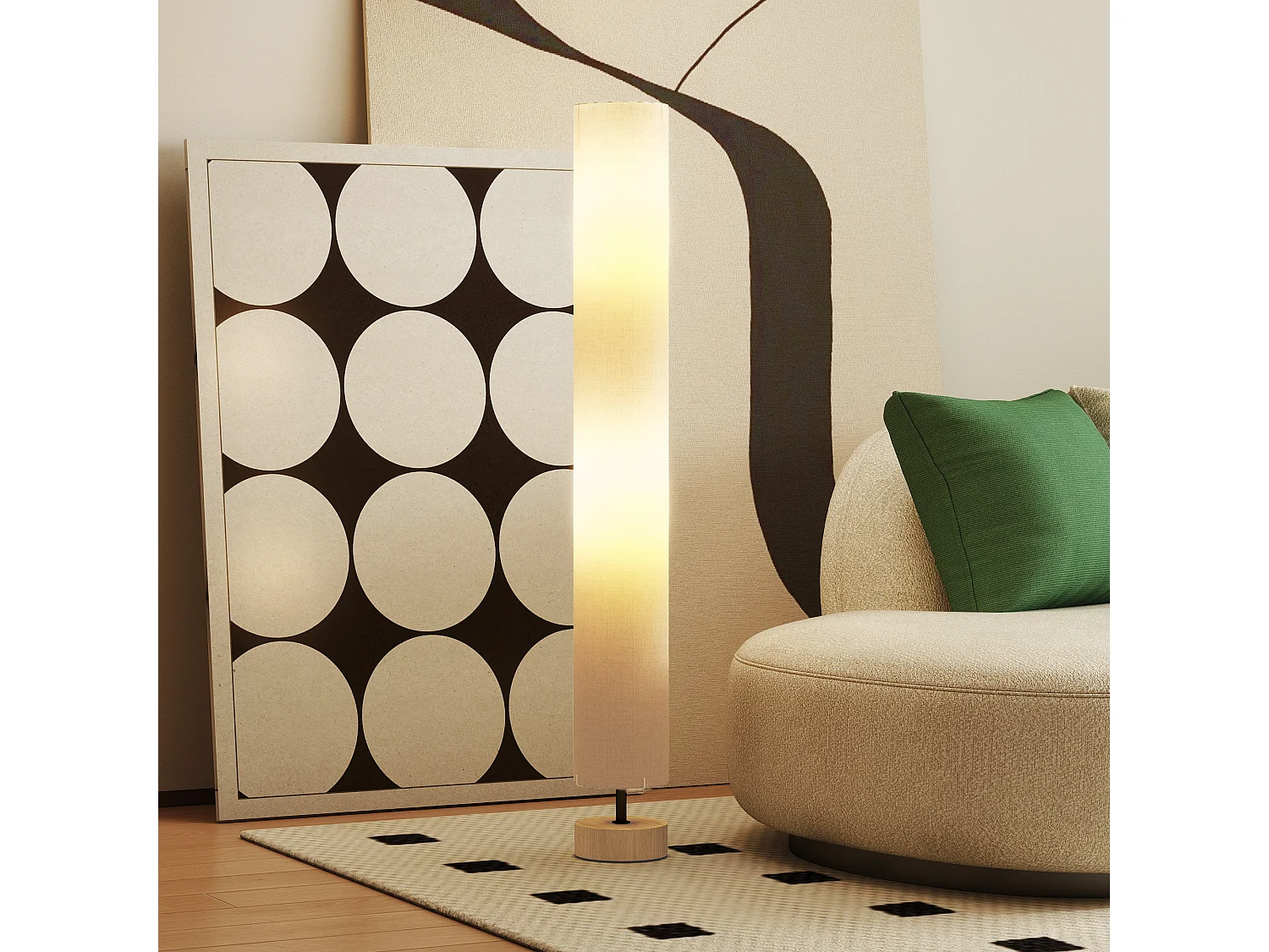 Lampadaire colonne sur pied bois contemporain H.120 cm abat-jour lin beige