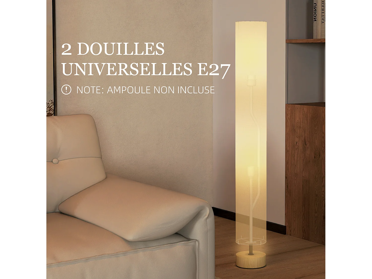 Lampadaire colonne sur pied bois contemporain H.120 cm abat-jour lin beige