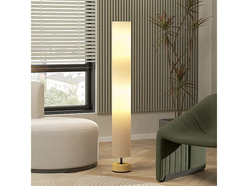 Lampadaire colonne sur pied bois contemporain H.120 cm abat-jour lin beige