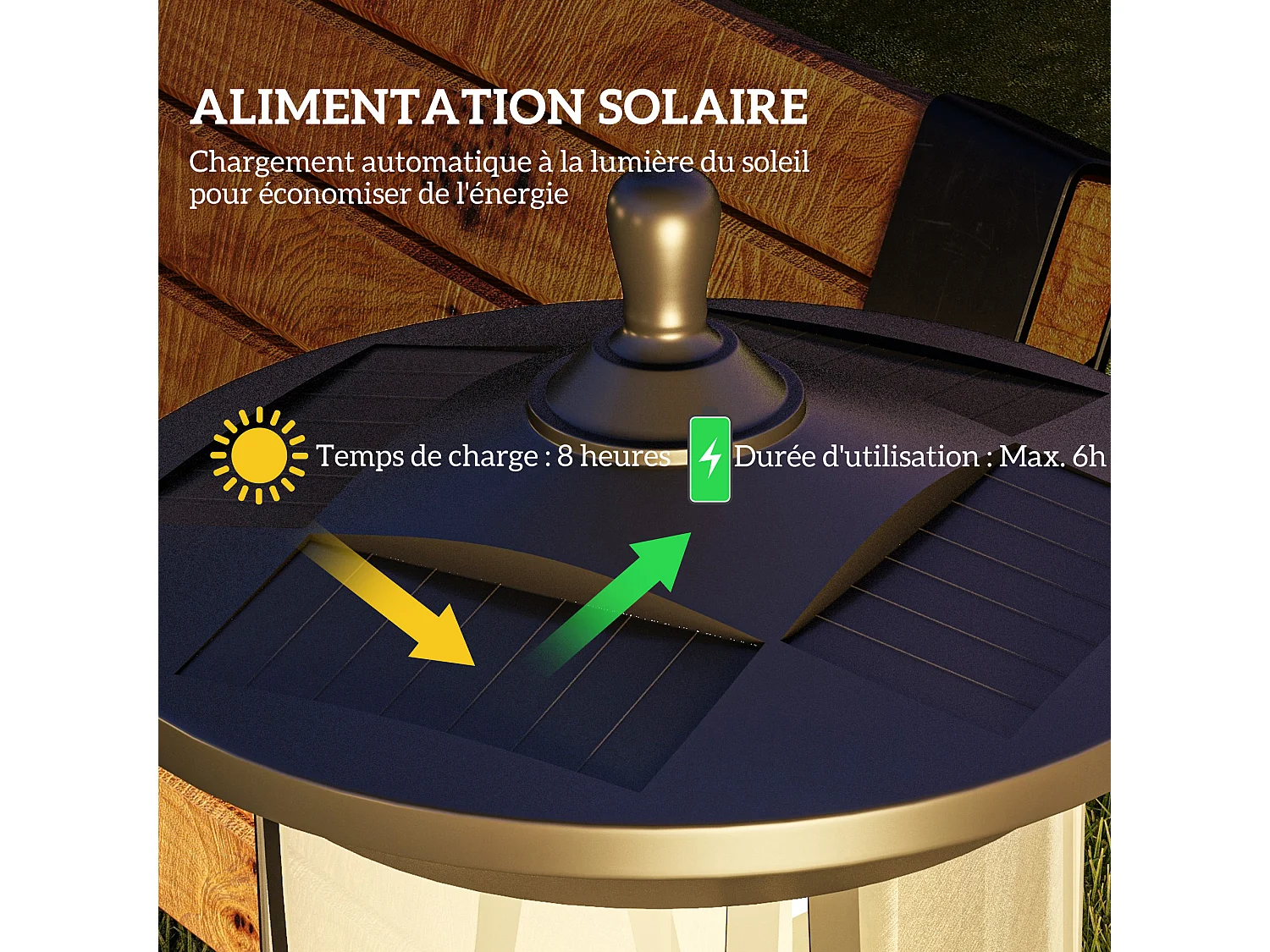 Lampadaire solaire extérieur LED H. 127 cm allumage extinction auto interrupteur marche arrêt noir