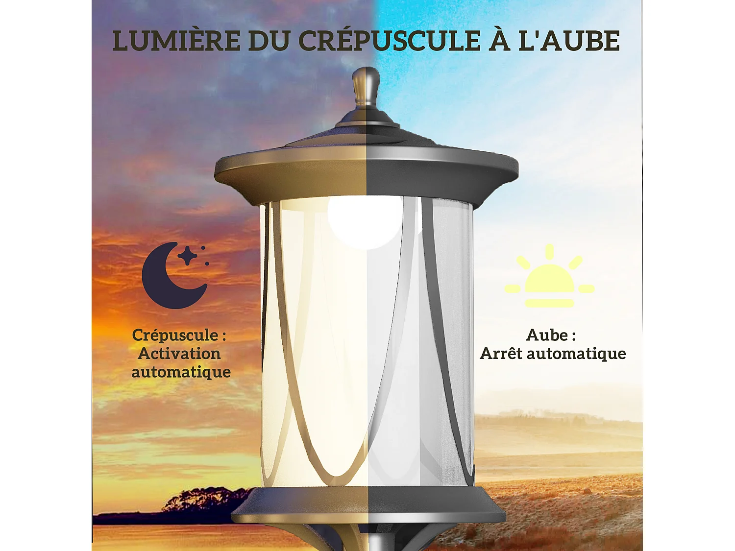 Lampadaire solaire extérieur LED H. 127 cm allumage extinction auto interrupteur marche arrêt noir