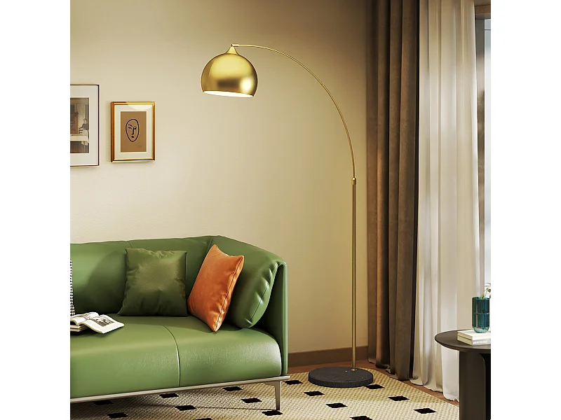 Lampadaire arc - lampadaire arceau courbé design - pied marbre noir mât abat-jour globe métal doré