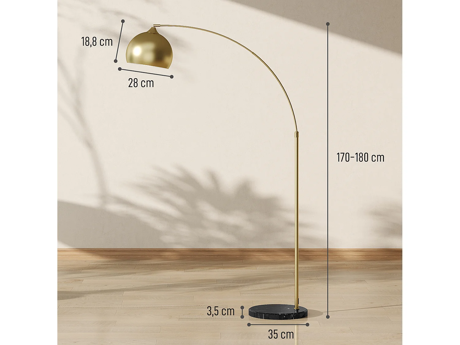 Lampadaire arc - lampadaire arceau courbé design - pied marbre noir mât abat-jour globe métal doré