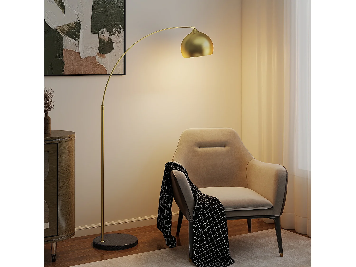 Lampadaire arc - lampadaire arceau courbé design - pied marbre noir mât abat-jour globe métal doré