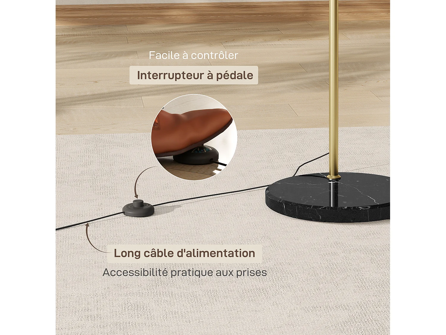 Lampadaire arc - lampadaire arceau courbé design - pied marbre noir mât abat-jour globe métal doré