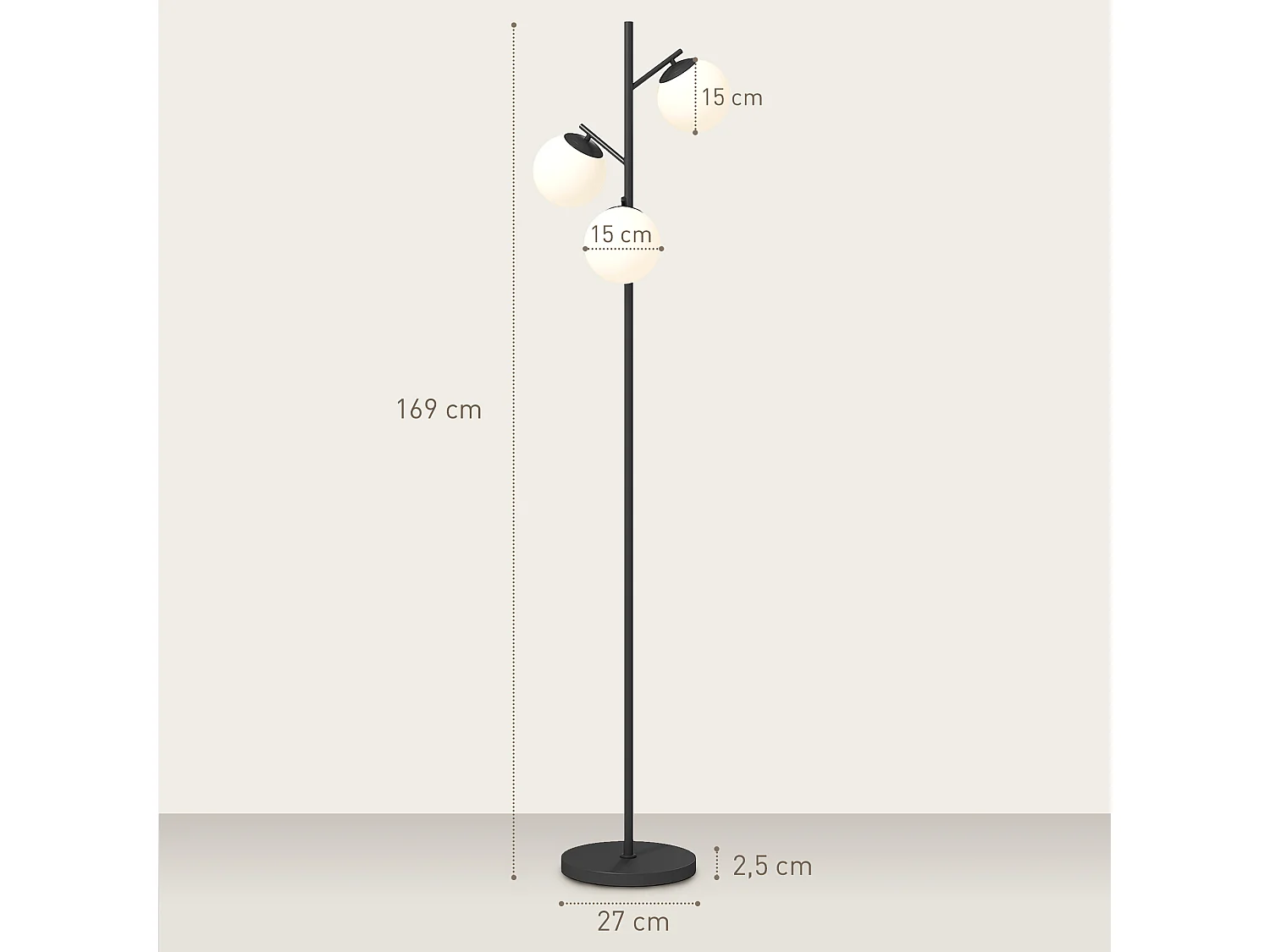 Lampadaire globe design néo-rétro 3 ampoules max. 40 W 169H cm métal noir