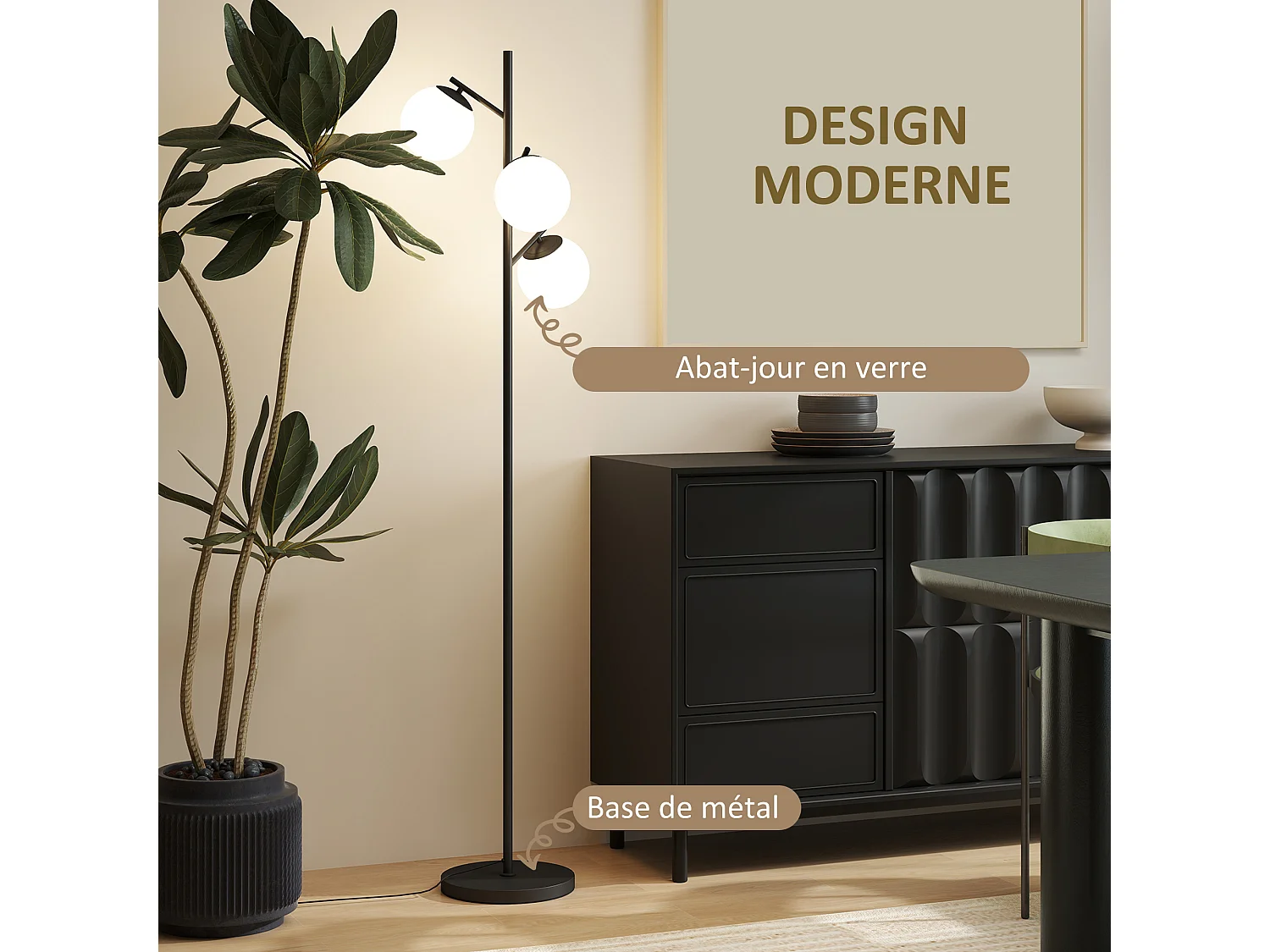 Lampadaire globe design néo-rétro 3 ampoules max. 40 W 169H cm métal noir