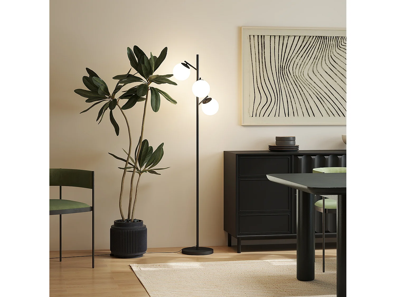 Lampadaire globe design néo-rétro 3 ampoules max. 40 W 169H cm métal noir