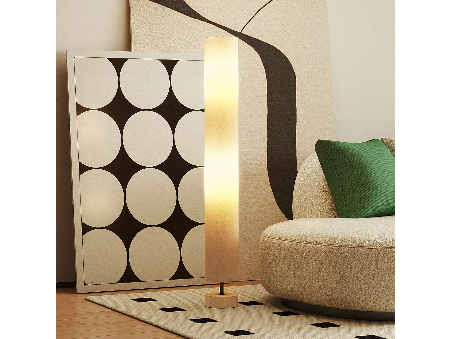 Lampadaire colonne sur pied bois contemporain H.120 cm abat-jour lin gris