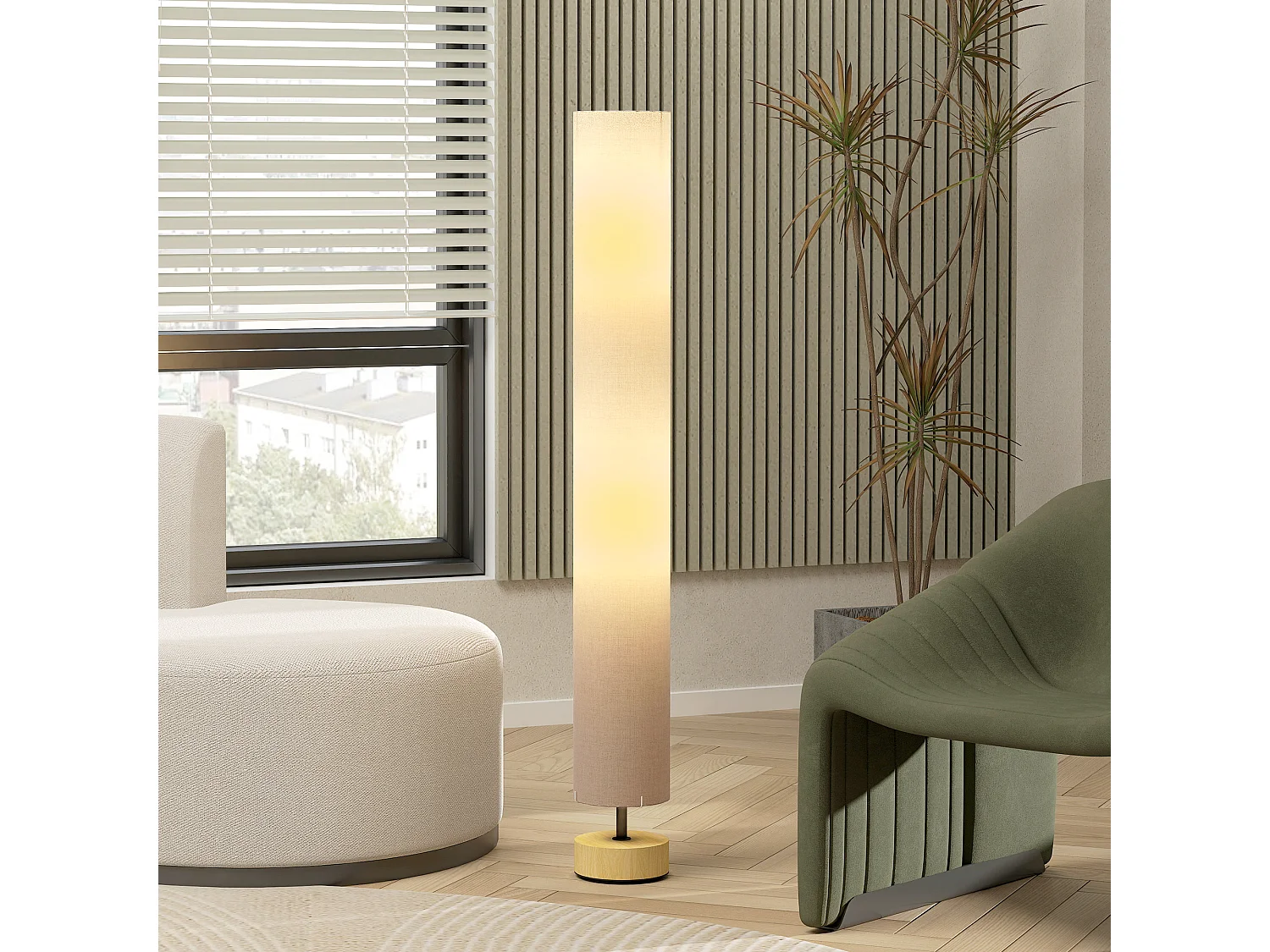 Lampadaire colonne sur pied bois contemporain H.120 cm abat-jour lin gris