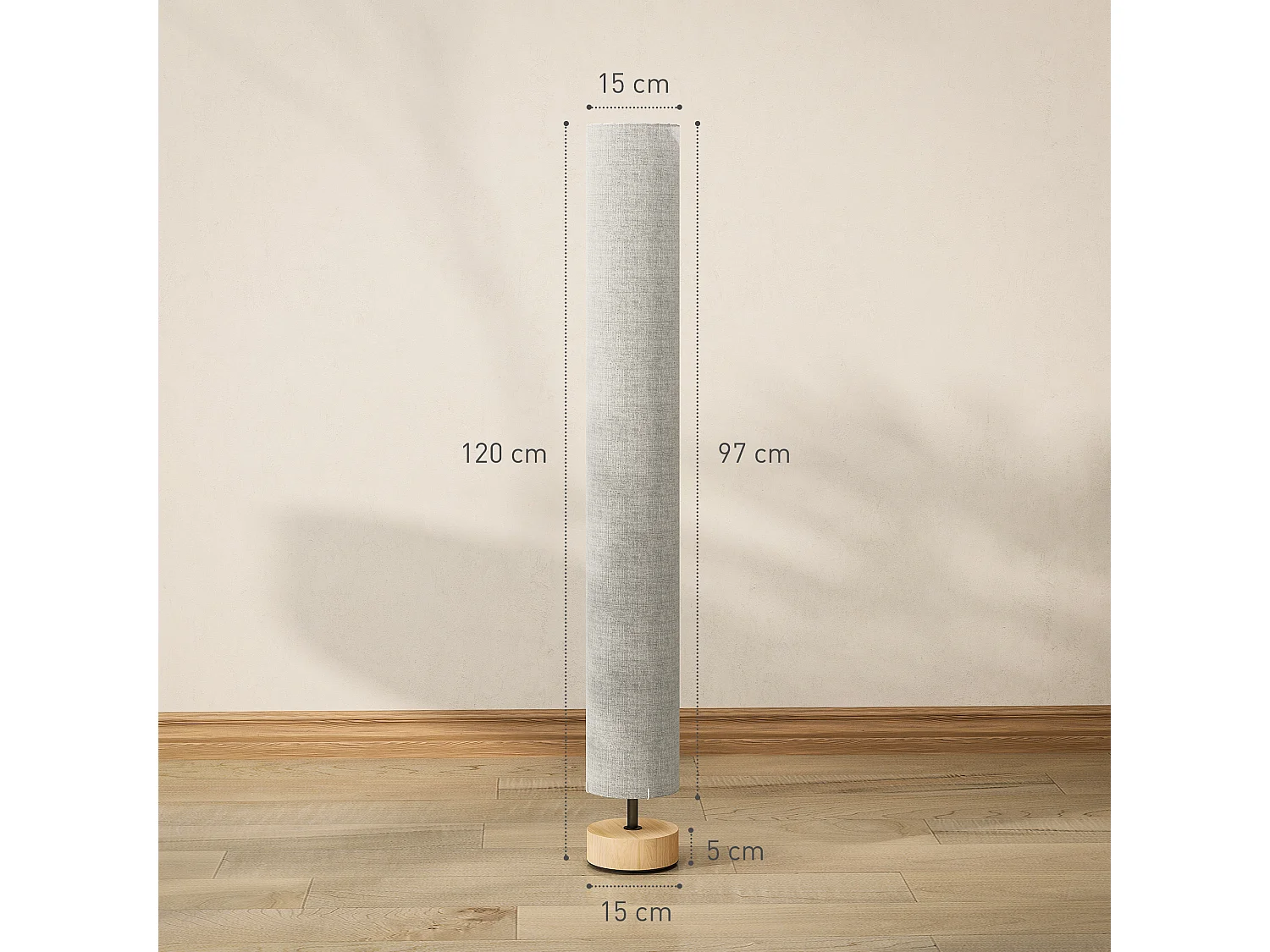 Lampadaire colonne sur pied bois contemporain H.120 cm abat-jour lin gris