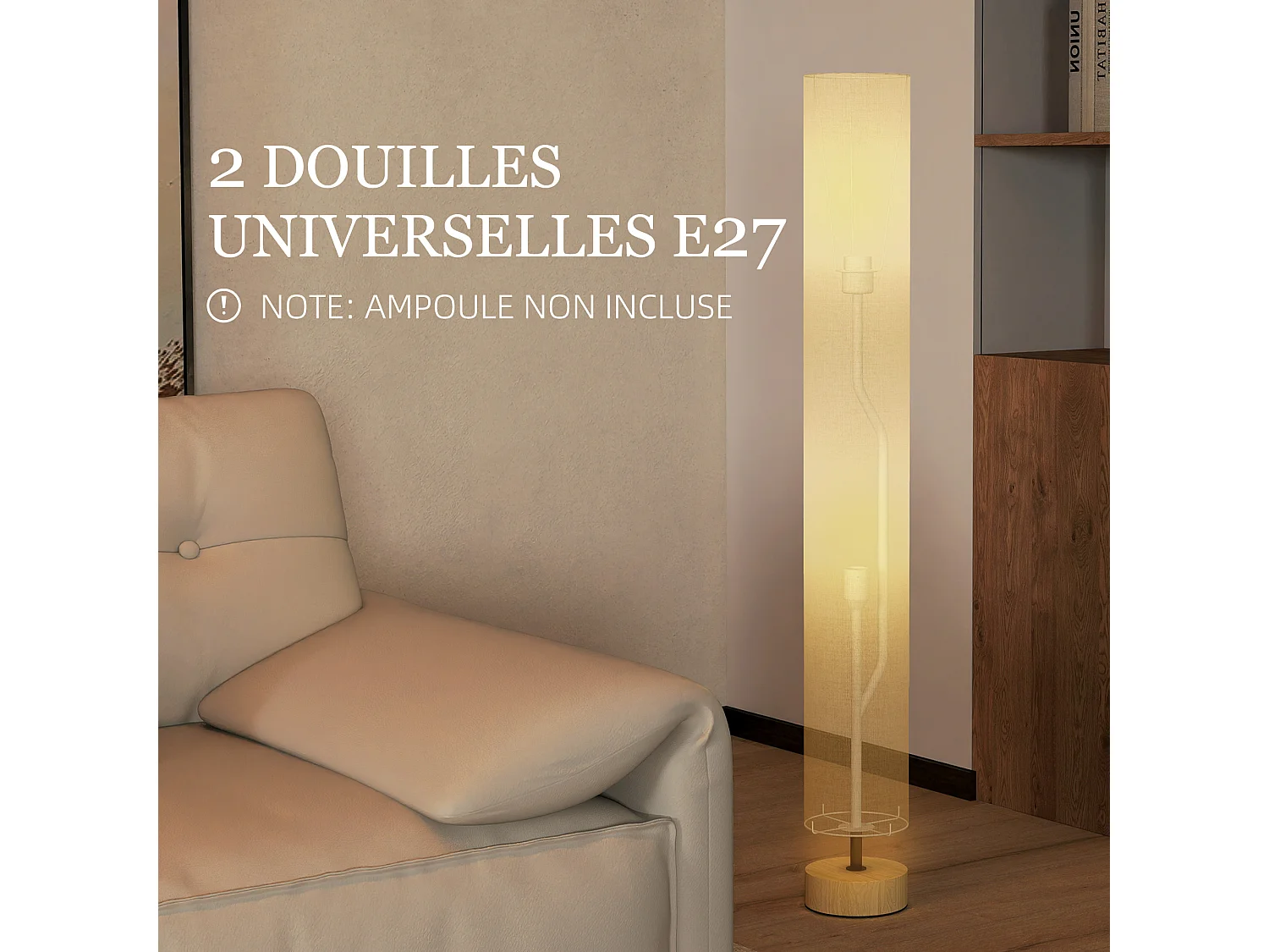 Lampadaire colonne sur pied bois contemporain H.120 cm abat-jour lin gris
