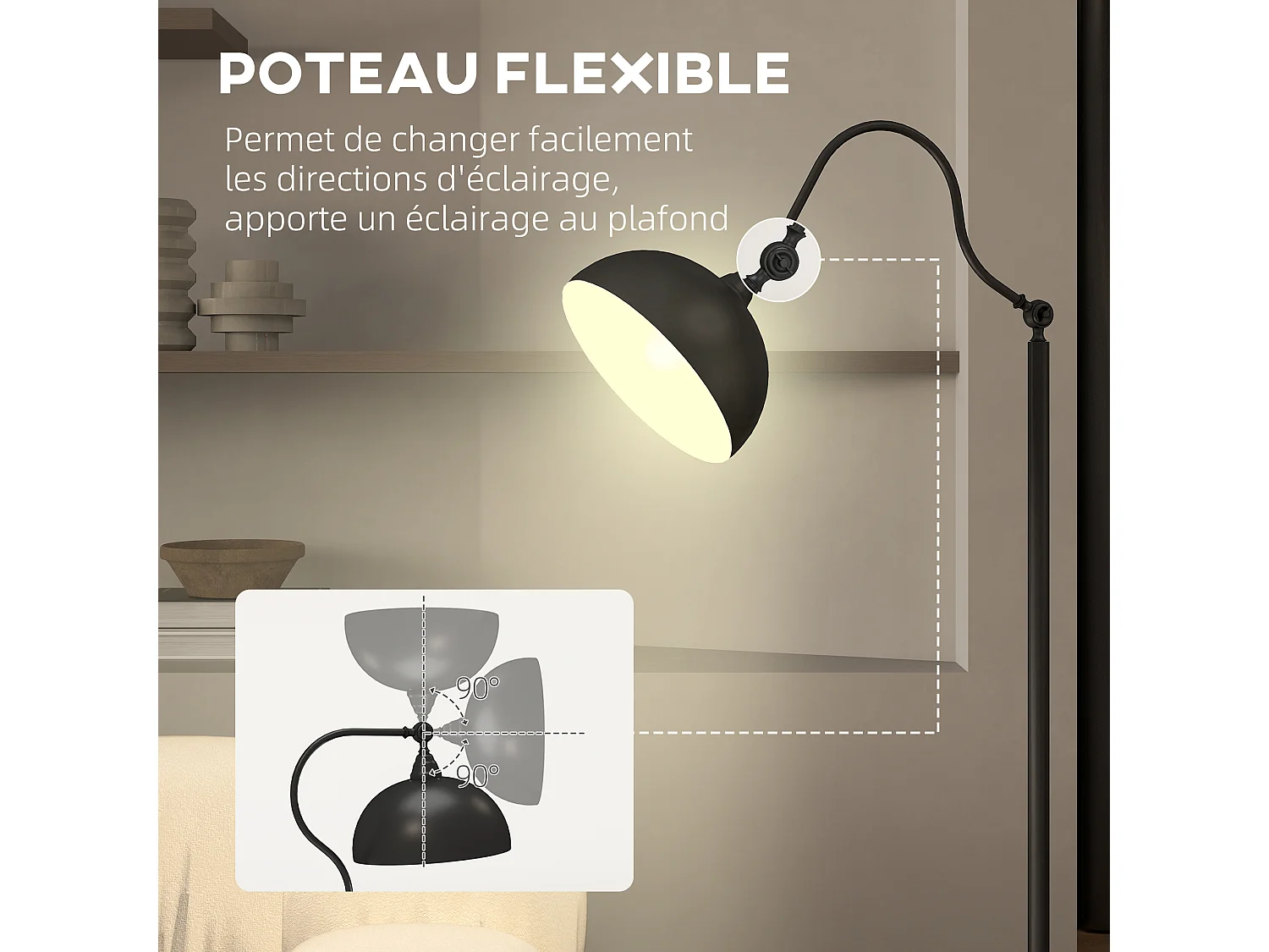 Lampadaire style néo-rétro métal noir - abat-jour réglable - H.152 cm