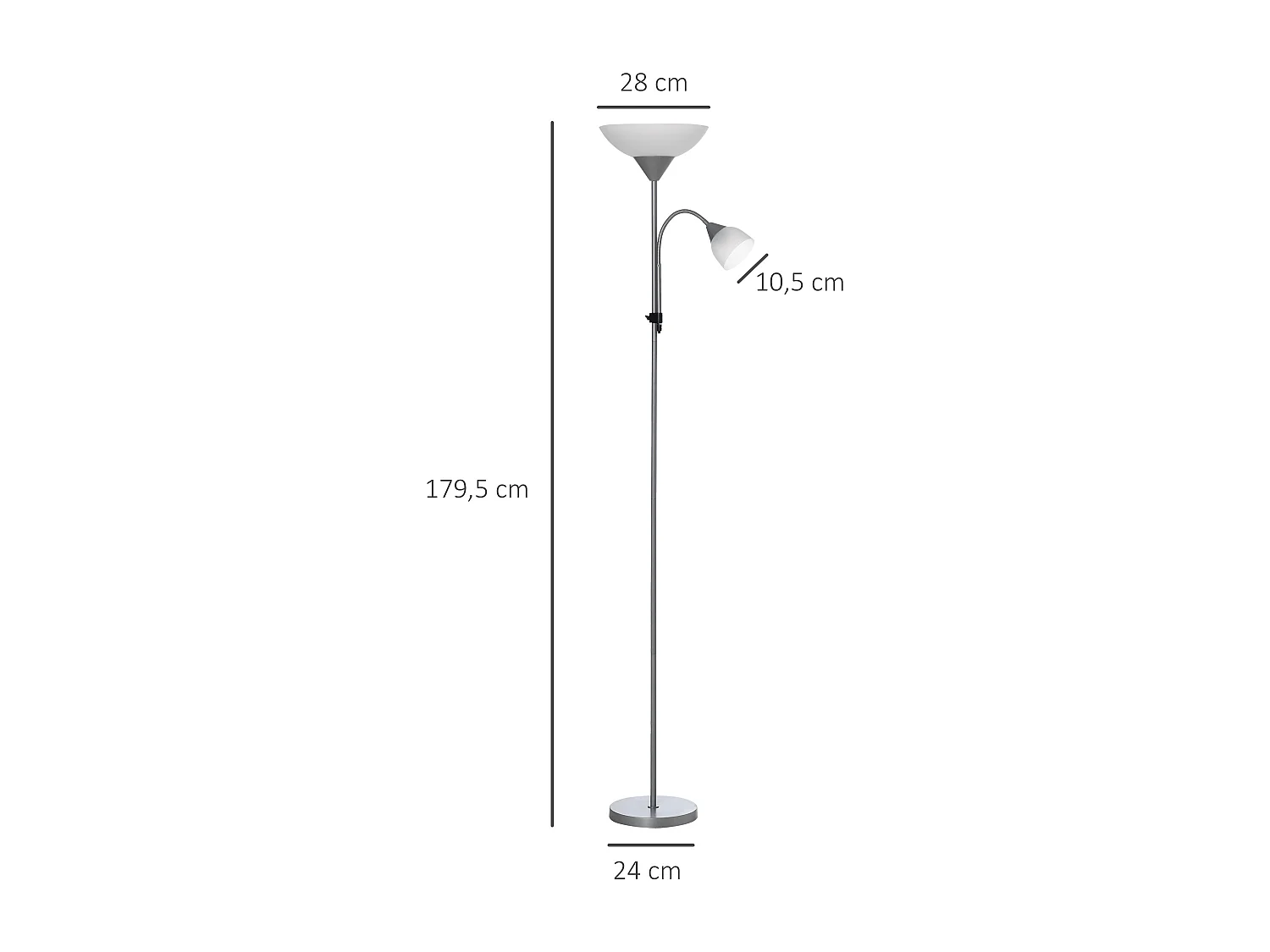 Lampadaire 2 têtes douilles E27 E14 base métal dim. Ø28 x 179,5H cm gris blanc