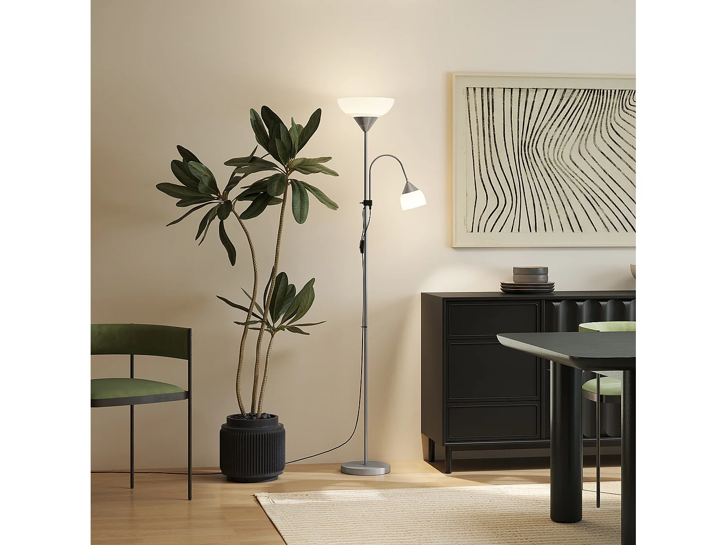 Lampadaire 2 têtes douilles E27 E14 base métal dim. Ø28 x 179,5H cm gris blanc