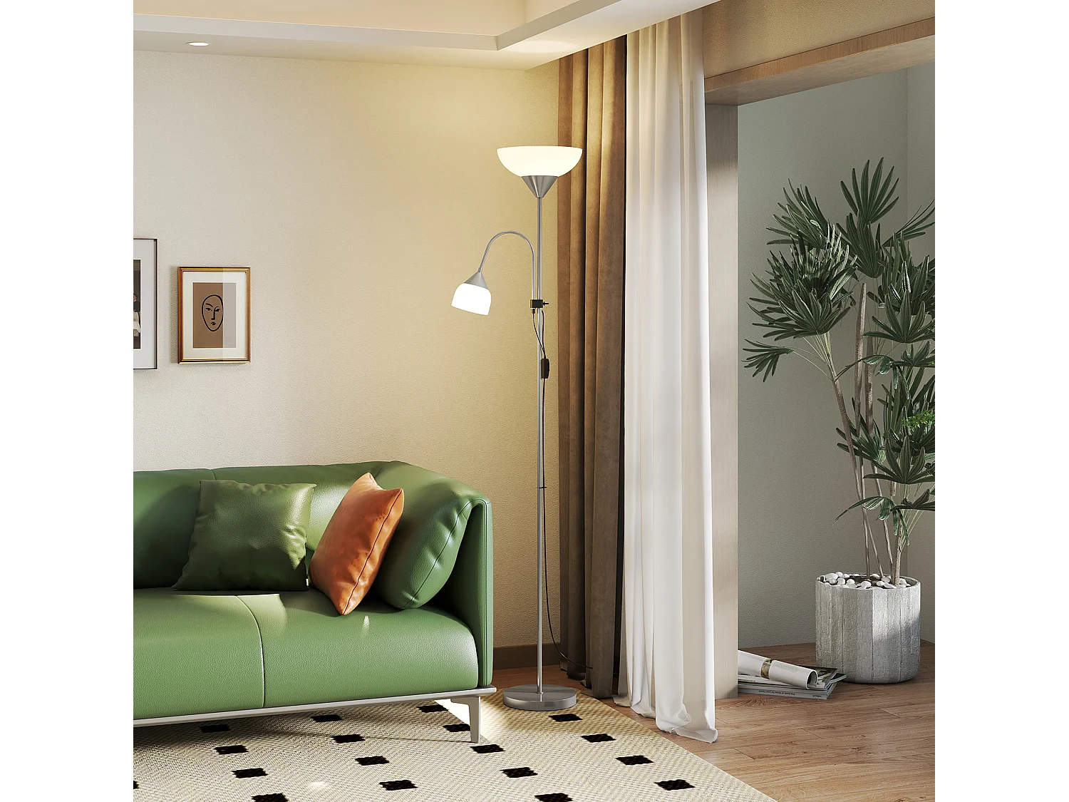 Lampadaire 2 têtes douilles E27 E14 base métal dim. Ø28 x 179,5H cm gris blanc