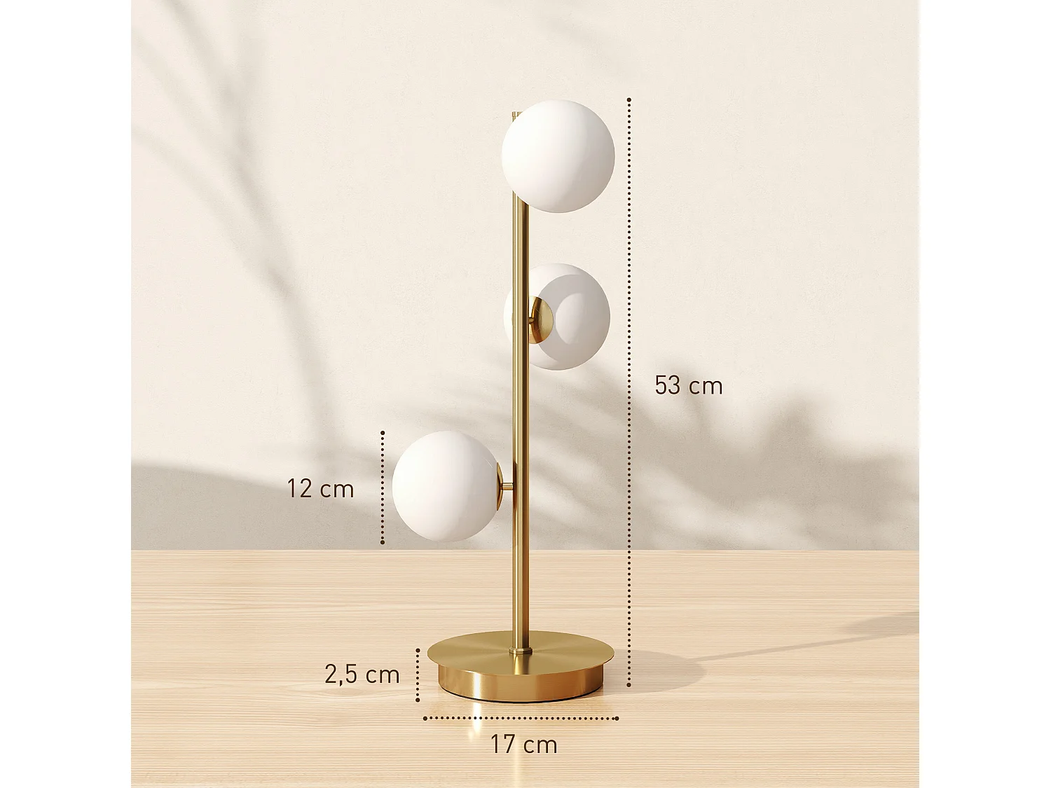 Lampadaire style néo-rétro métal effet laiton 3 abat-jours globe verre dépoli blanc