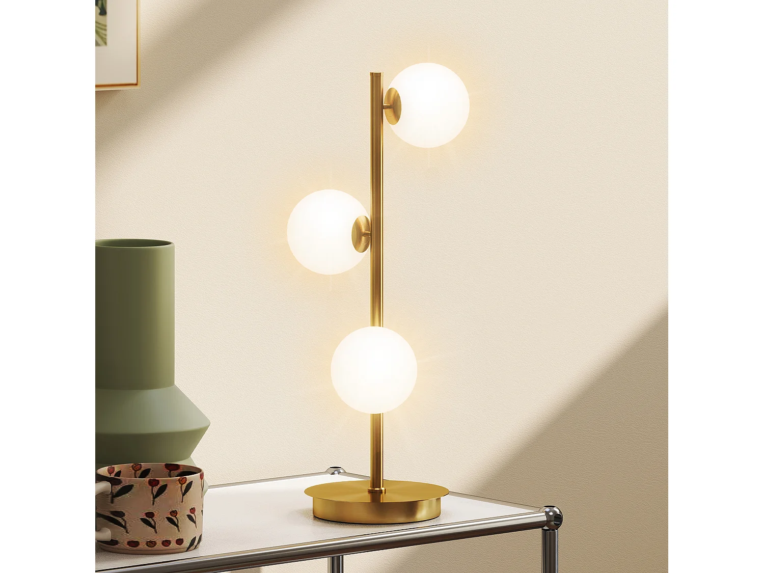 Lampadaire style néo-rétro métal effet laiton 3 abat-jours globe verre dépoli blanc