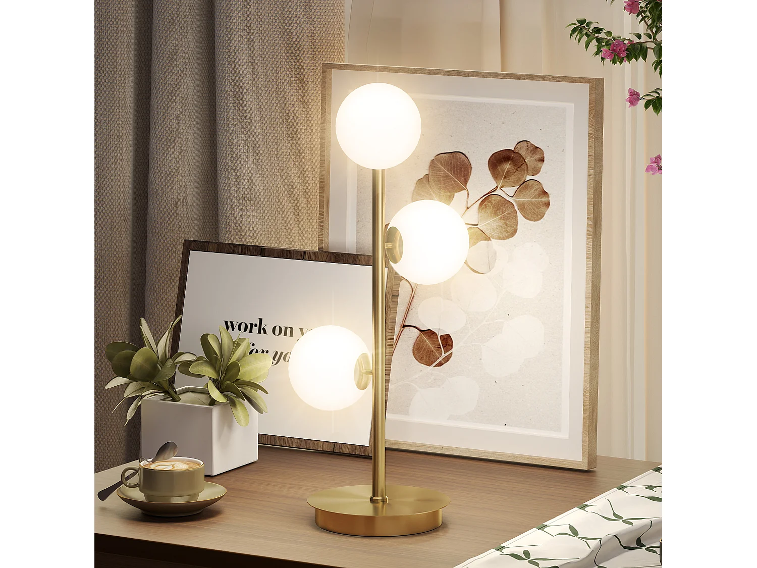 Lampadaire style néo-rétro métal effet laiton 3 abat-jours globe verre dépoli blanc