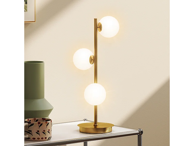 Lampadaire style néo-rétro métal effet laiton 3 abat-jours globe verre dépoli blanc