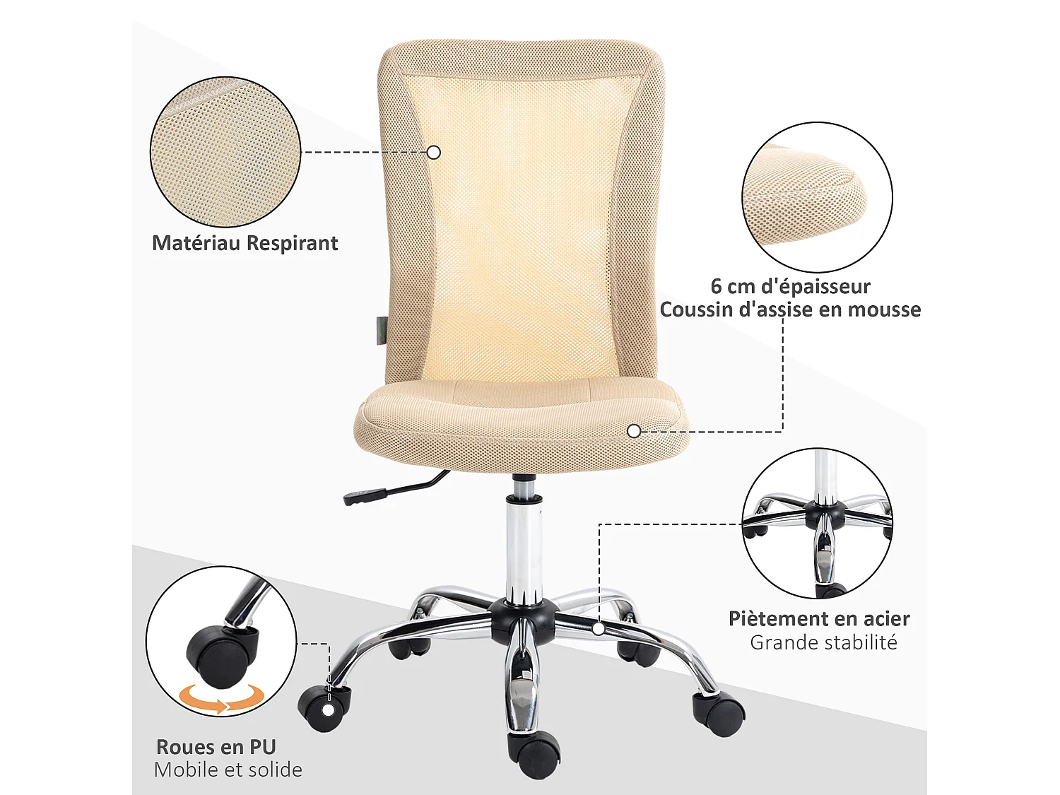 Vinsetto Chaise de bureau ergonomique hauteur réglable piètement chromé pivotant 360° revêtement maille beige