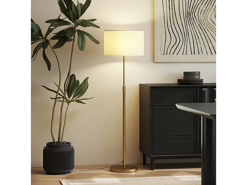 Lampadaire style néo-rétro métal doré abat jour lin beige H.133-168 cm réglable avec télécommande