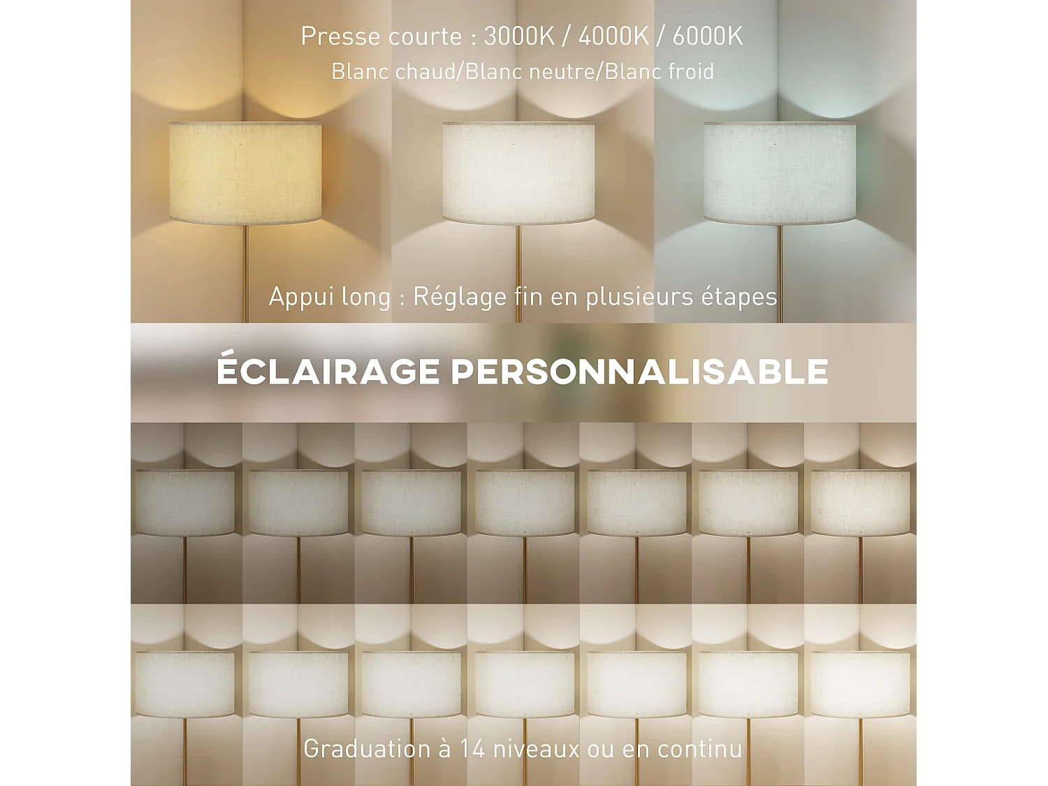 Lampadaire style néo-rétro métal doré abat jour lin beige H.133-168 cm réglable avec télécommande