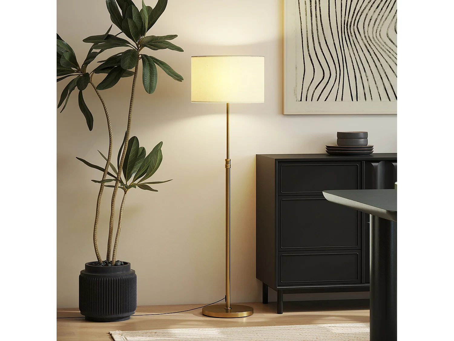 Lampadaire style néo-rétro métal doré abat jour lin beige H.133-168 cm réglable avec télécommande