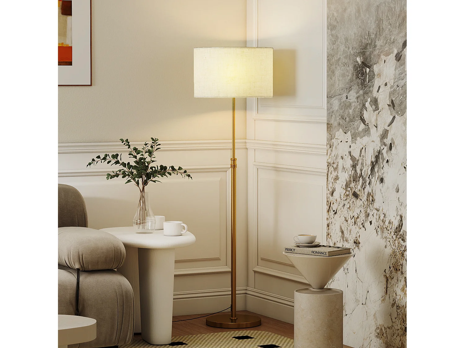 Lampadaire style néo-rétro métal doré abat jour lin beige H.133-168 cm réglable avec télécommande