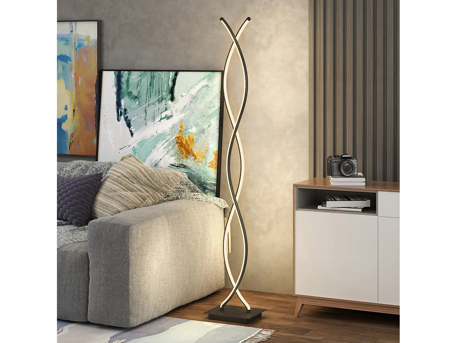 Lampadaire LED design spirales - forme galbée H. 140 cm - alliage alu. acrylique noir