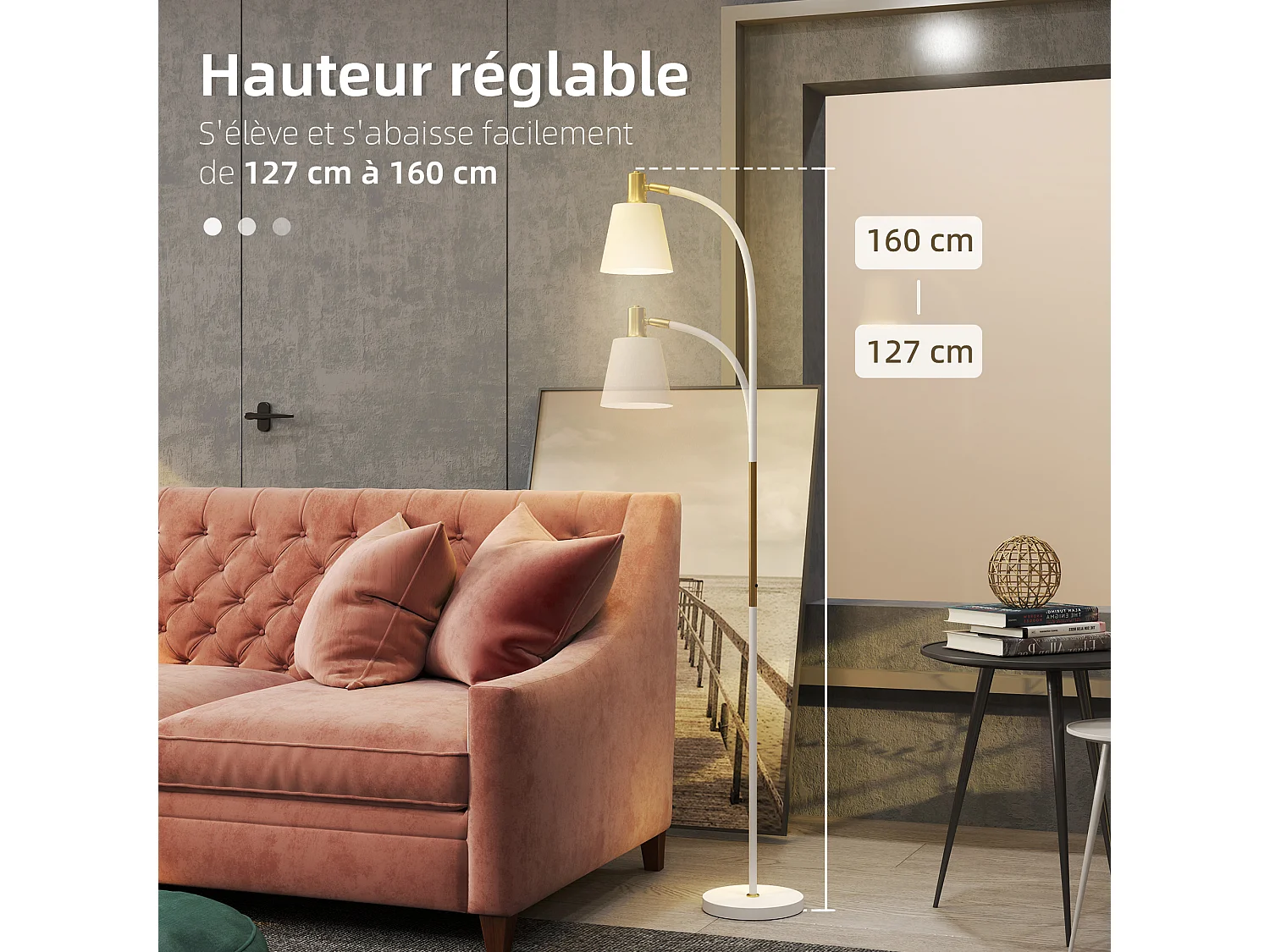 Lampadaire design néo-rétro hauteur réglable H.127-160 cm métal plastique blanc doré
