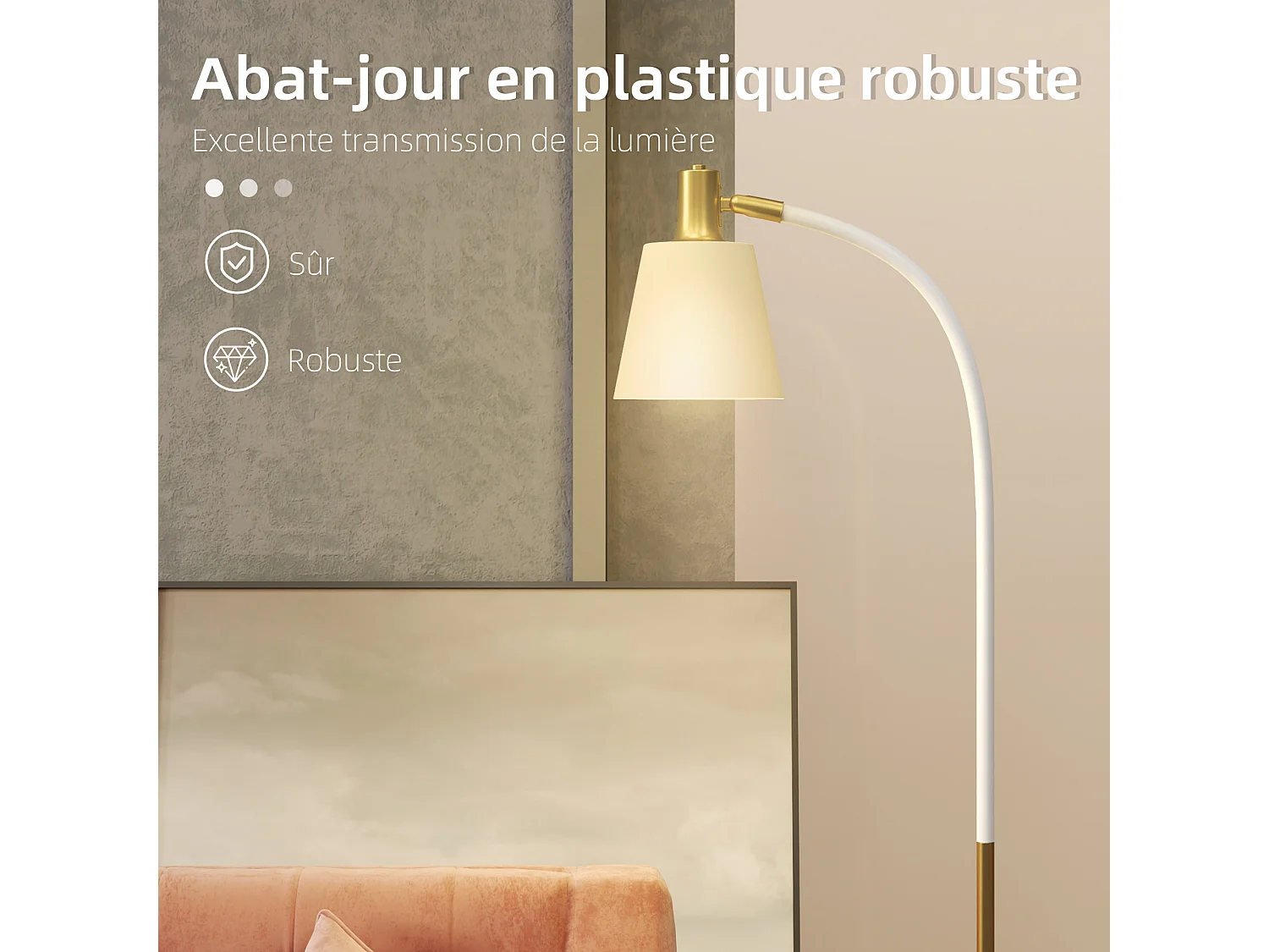 Lampadaire design néo-rétro hauteur réglable H.127-160 cm métal plastique blanc doré