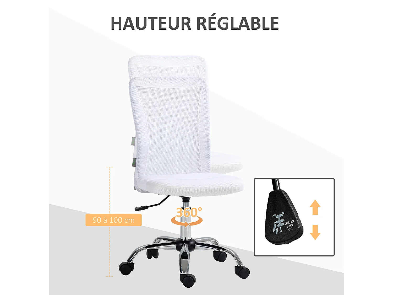 Vinsetto Chaise de bureau ergonomique hauteur réglable piètement chromé pivotant 360° revêtement blanc