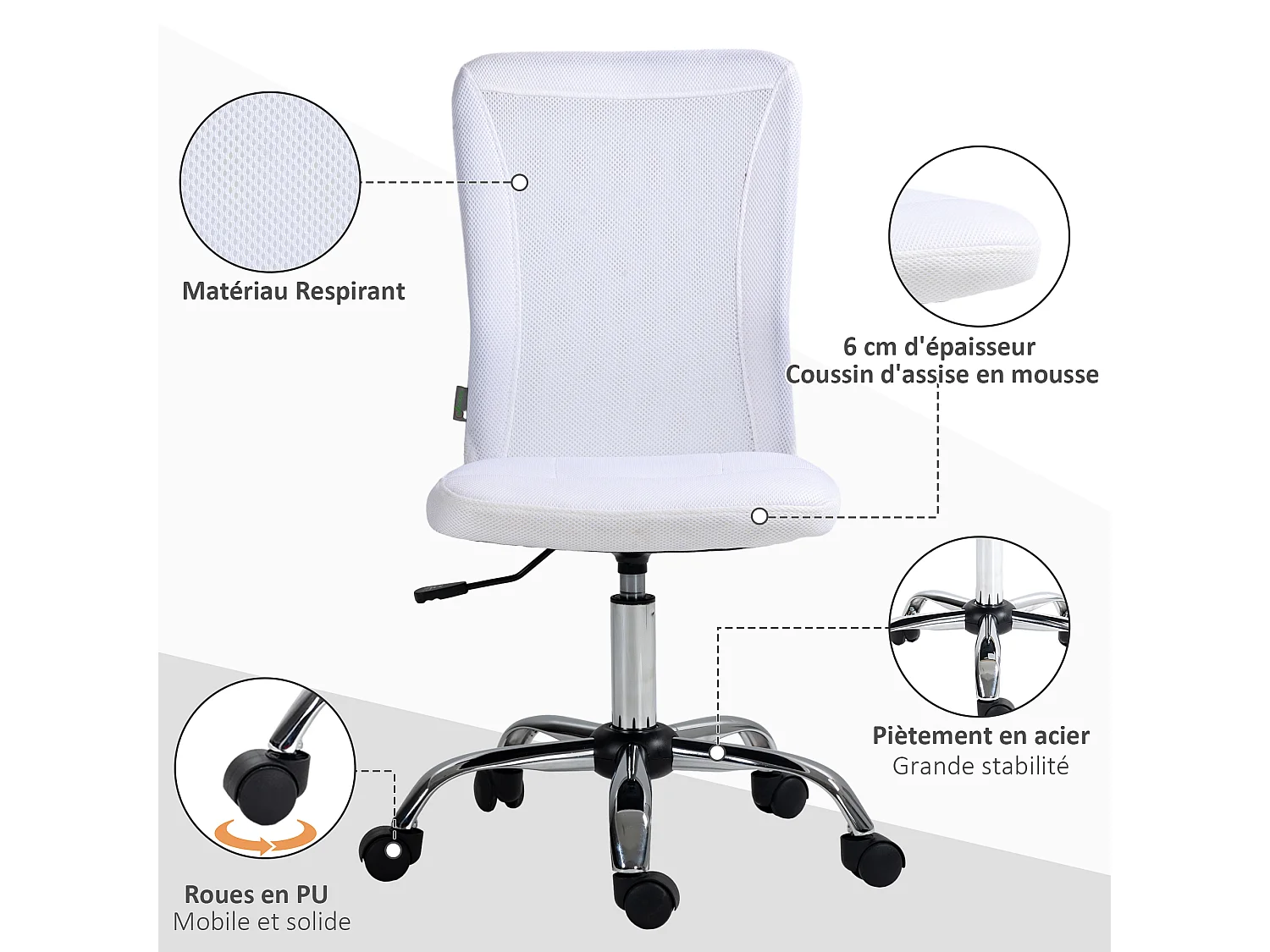 Vinsetto Chaise de bureau ergonomique hauteur réglable piètement chromé pivotant 360° revêtement blanc