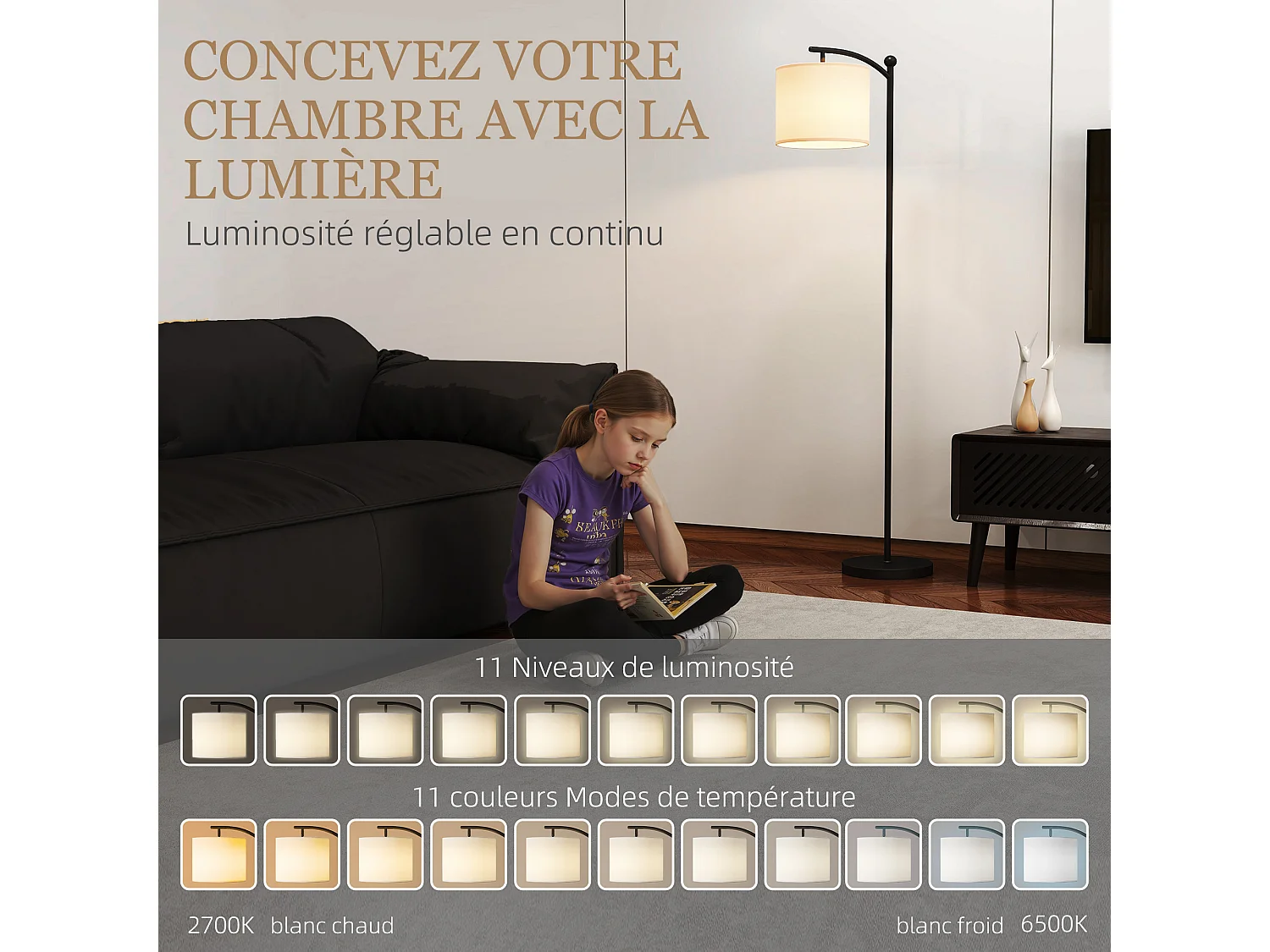 Lampadaire dimmable H.60 cm 2 températures de couleur timer 60 min télécommande noir blanc