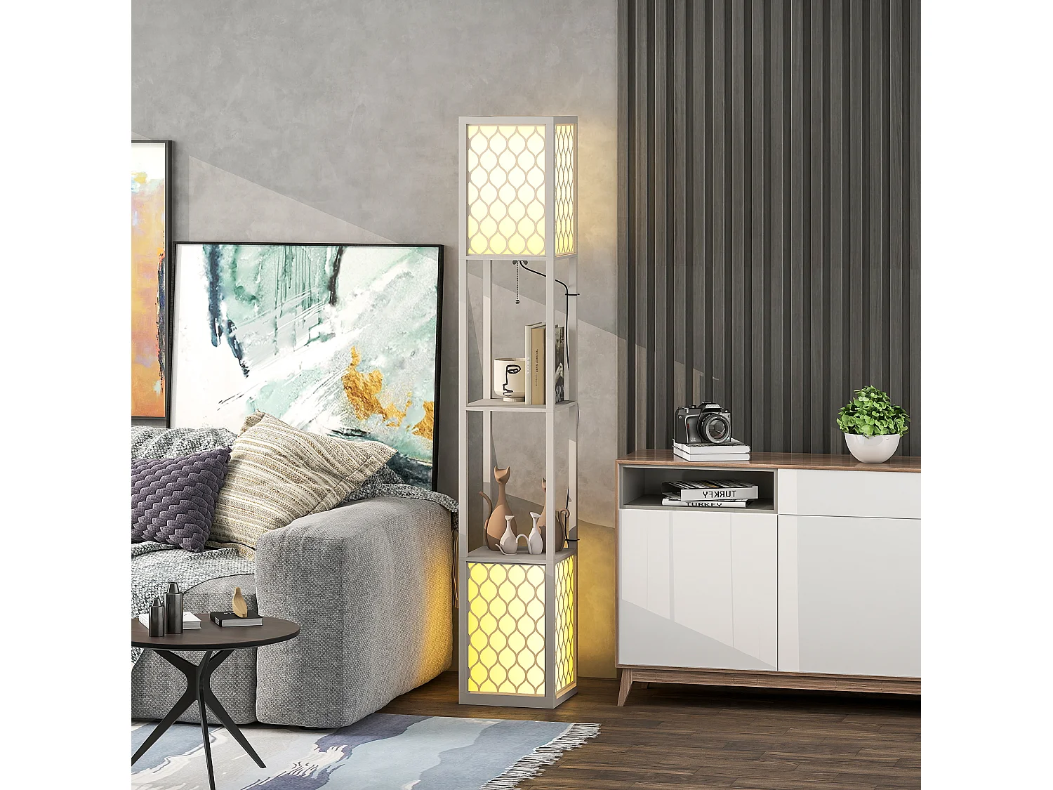 Lampadaire étagère lampe étagère dim. 26L x 26l x 156H cm 2 étagères MDF motif nid d'abeille gris clair