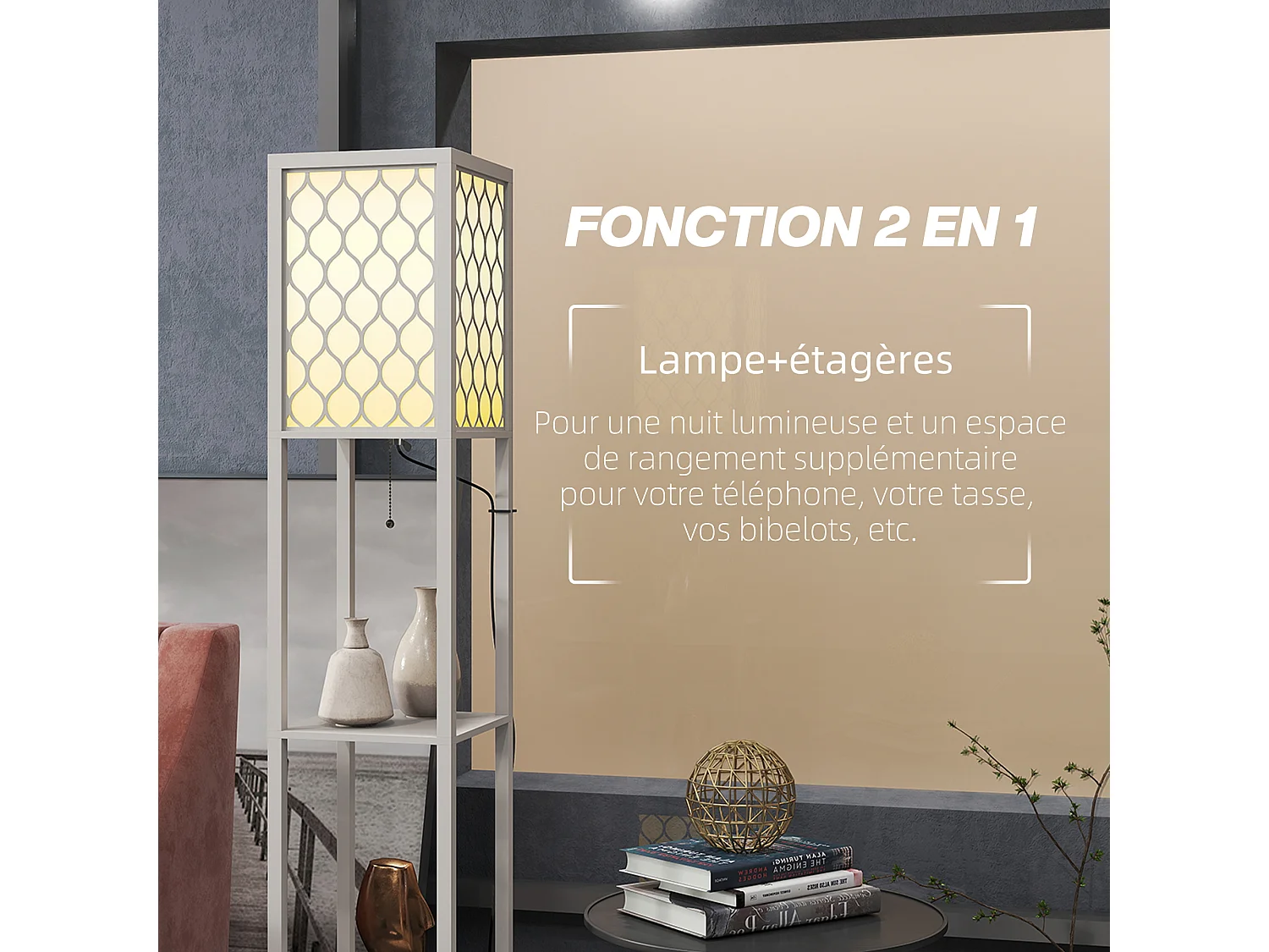 Lampadaire étagère lampe étagère dim. 26L x 26l x 156H cm 2 étagères MDF motif nid d'abeille gris clair