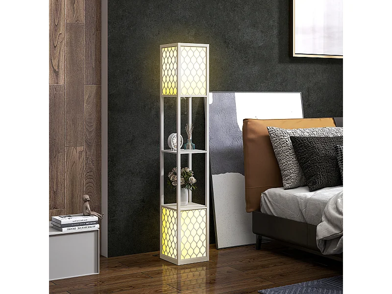 Lampadaire étagère lampe étagère dim. 26L x 26l x 156H cm 2 étagères MDF motif nid d'abeille gris clair