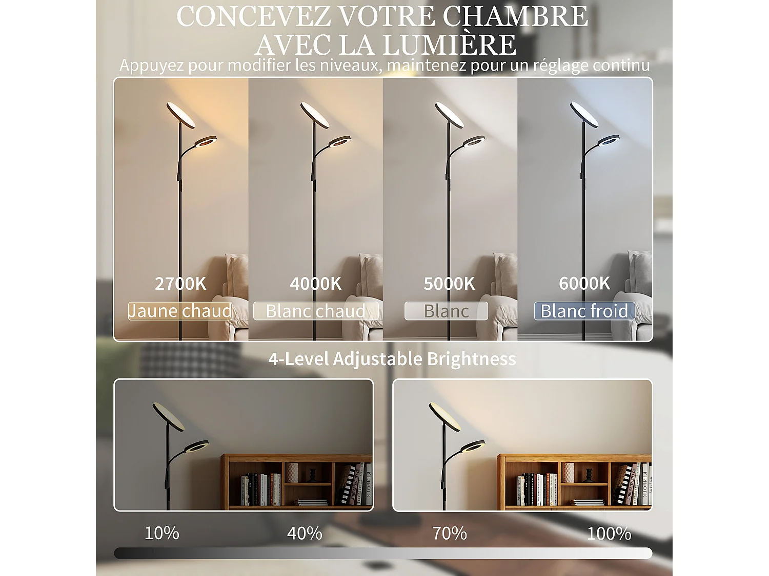 Lampadaire LED 42W dimmable 2700K-6500K 4 couleurs variation continue 4 modes scène télécommande noir