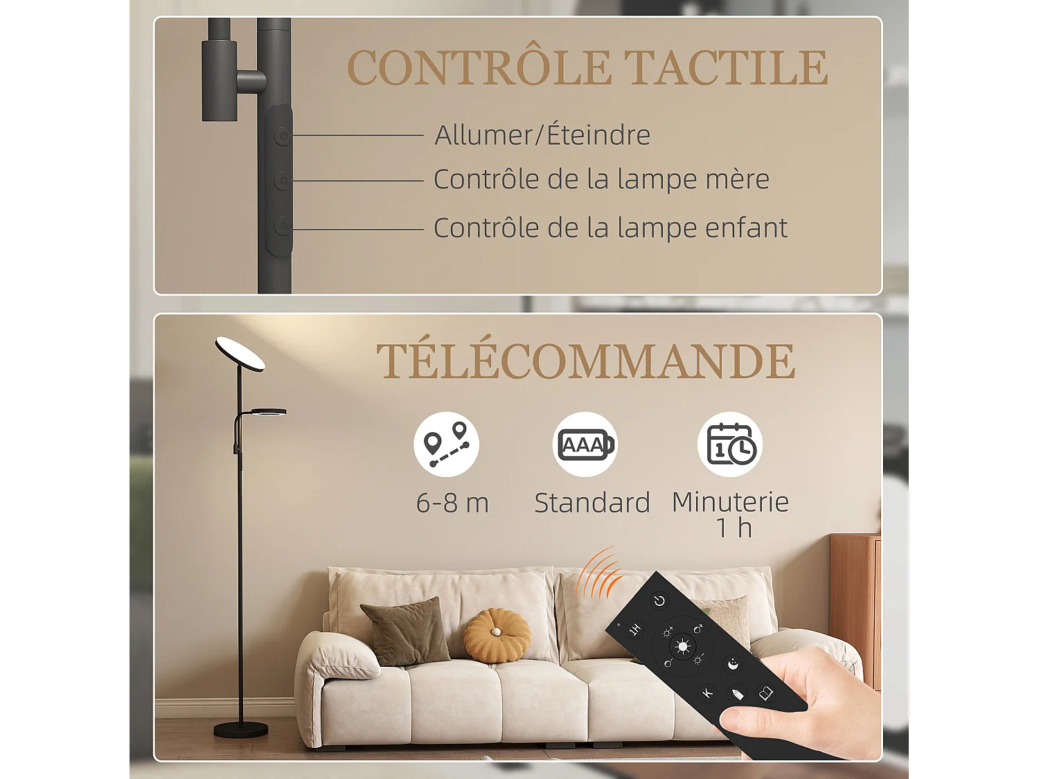 Lampadaire LED 42W dimmable 2700K-6500K 4 couleurs variation continue 4 modes scène télécommande noir