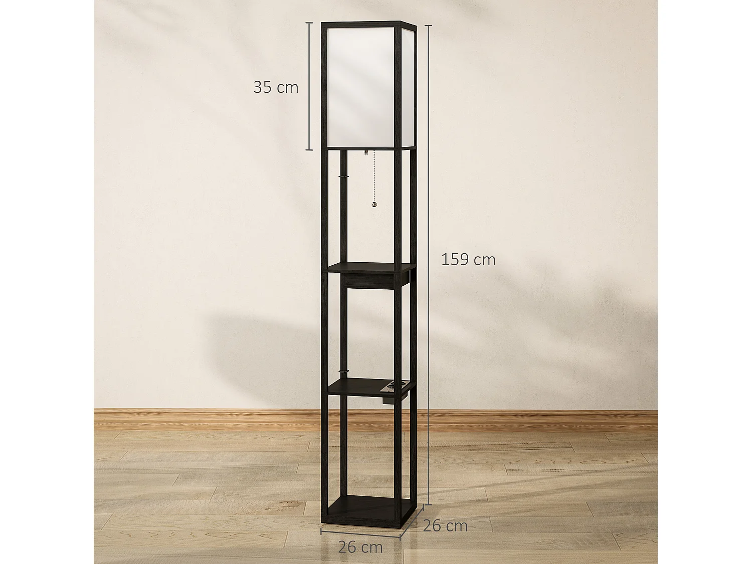 Lampadaire étagères 3 niveaux H.159 cm petit tiroir port USB A+C blanc noir